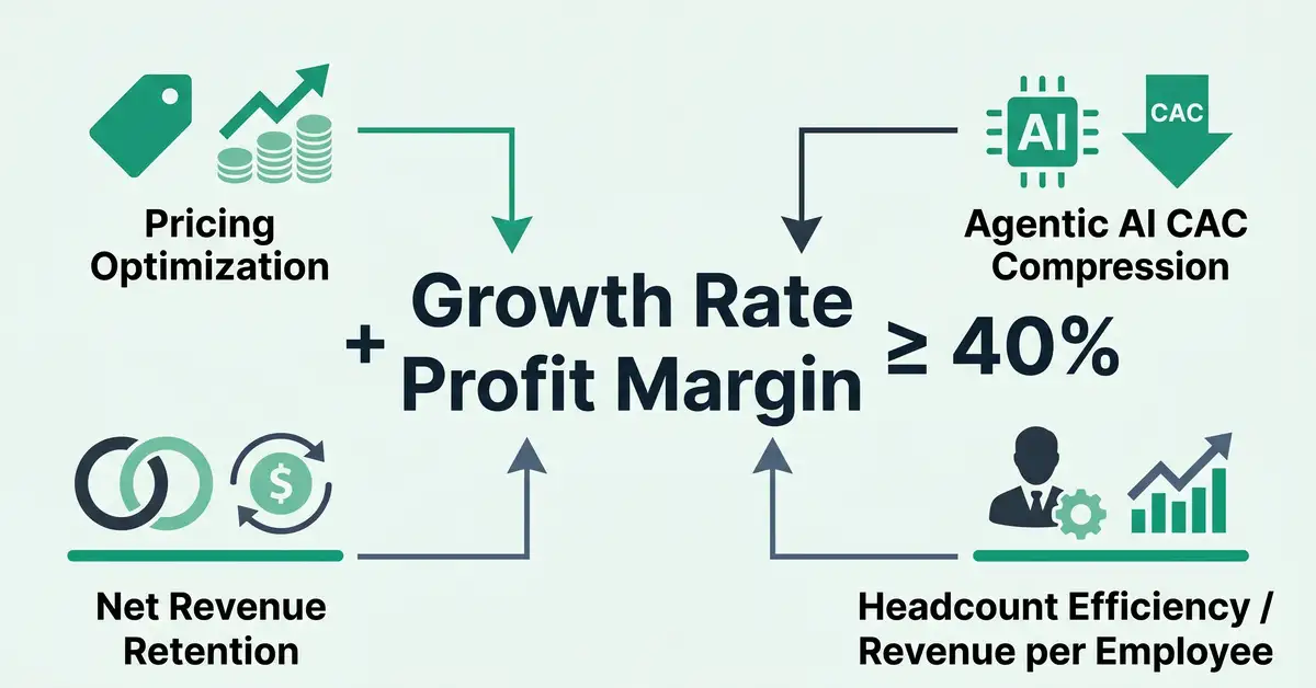 A clean editorial diagram showing the Rule of 40 calculation framework with the equation Growth Rate plus Profit Margin greater than or equal to 40 in the center and four labeled levers around it: Pricing Optimization, Net Revenue Retention, Agentic AI CAC Compression, and Headcount Efficiency / Revenue per Employee, in peppereffect brand colors