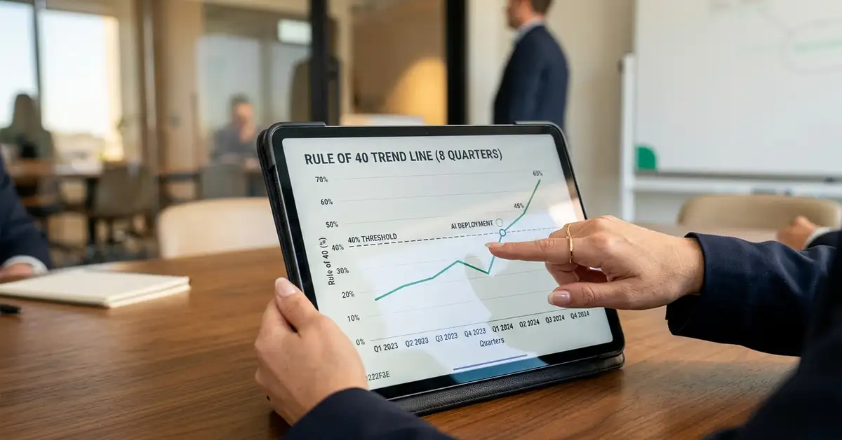 An executive's hand pointing at a tablet displaying a Rule of 40 trend line over 8 quarters with a clear inflection point upward labeled AI deployment, the chart visibly crossing the 40 percent threshold