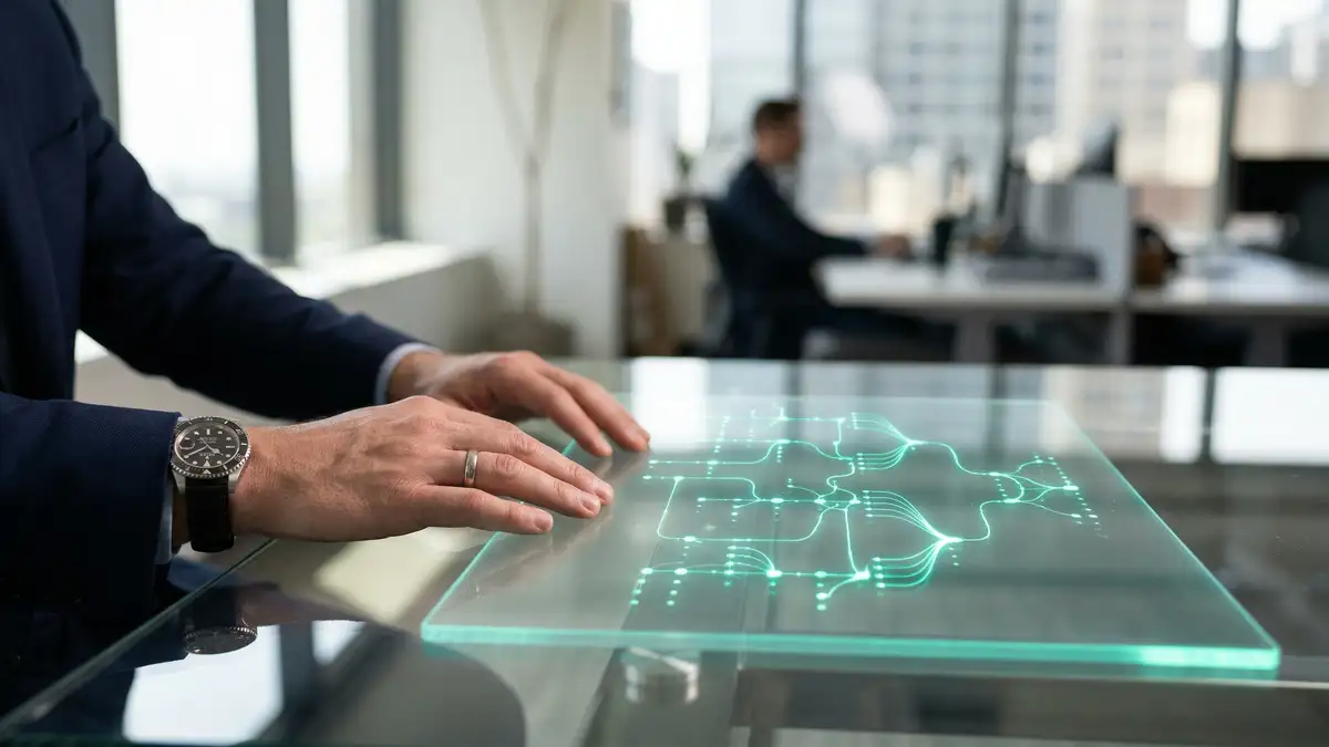 An executive's hands resting on a glass desk with a translucent floating UI panel showing an agentic AI decision tree branching across the panel