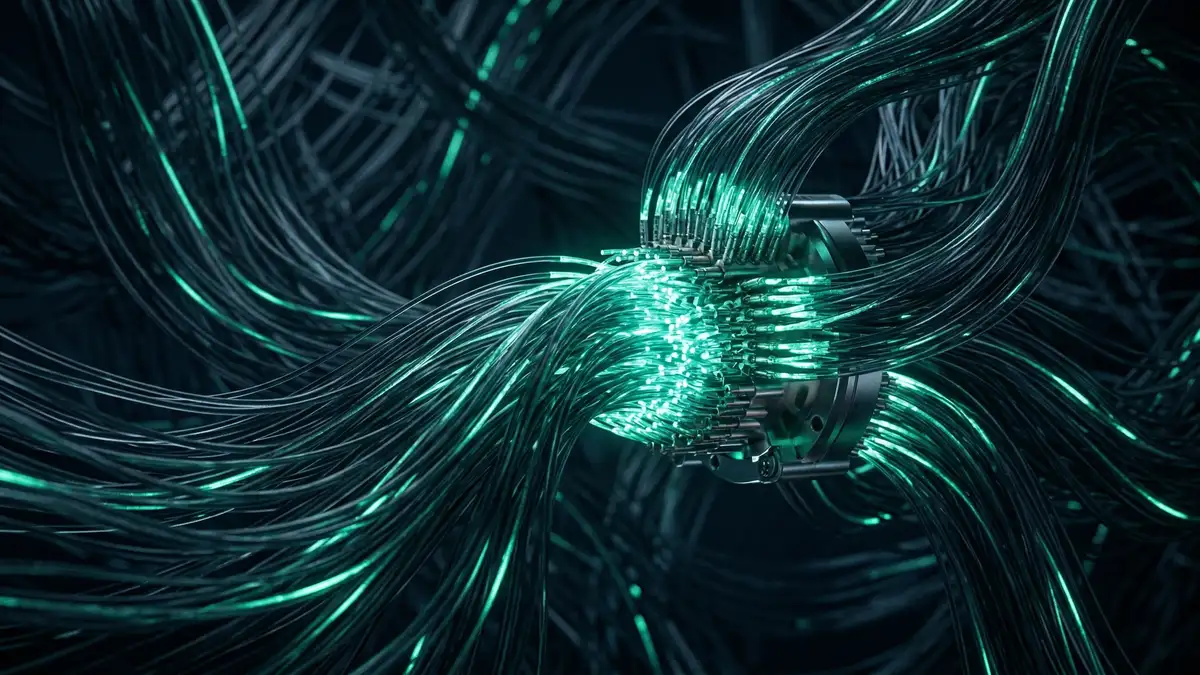 Glowing fiber-optic cables converging into a central hub with teal-green light pulses symbolising agentic orchestration of specialised agents around a central intelligence