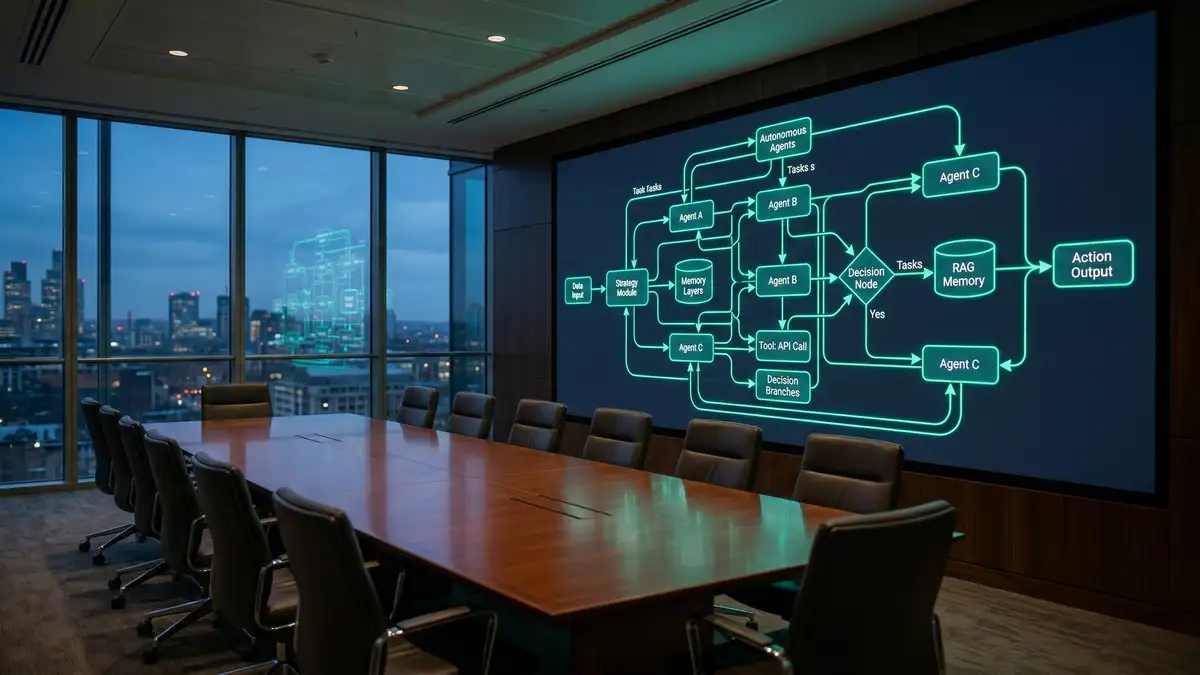 An empty boardroom at twilight with a wall display showing a complex agentic AI workflow diagram running autonomously without human operators present