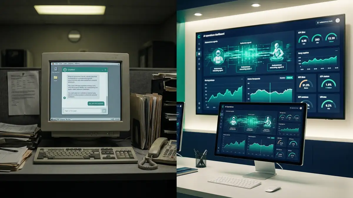 A side-by-side comparison of an obsolete chatbot workstation showing scripted responses next to a modern AI operations dashboard with multiple autonomous agents executing tasks in parallel