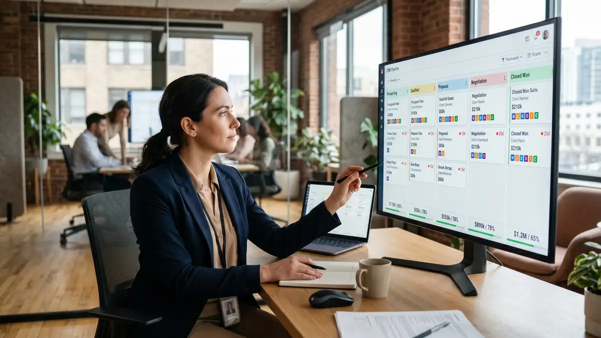 Sales operations manager reviewing CRM pipeline view with deal cards arranged in stages, MEDDIC qualification flags, and weighted forecast totals