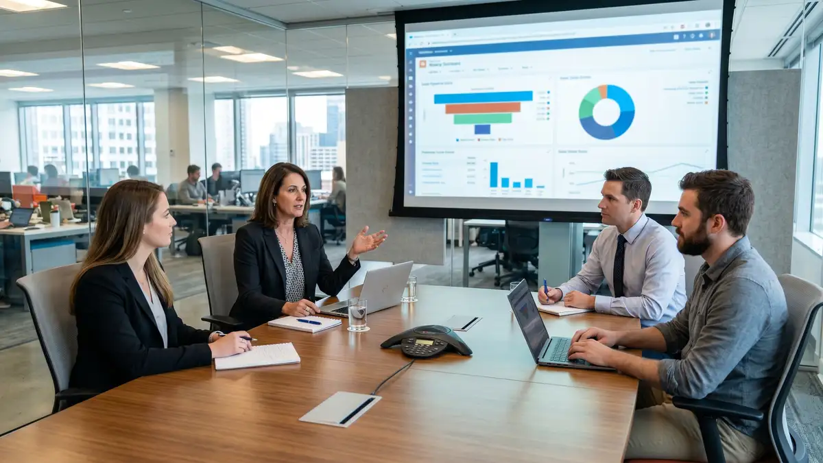 VP Sales running weekly forecast call with three AEs in glass-walled conference room reviewing pipeline dashboard