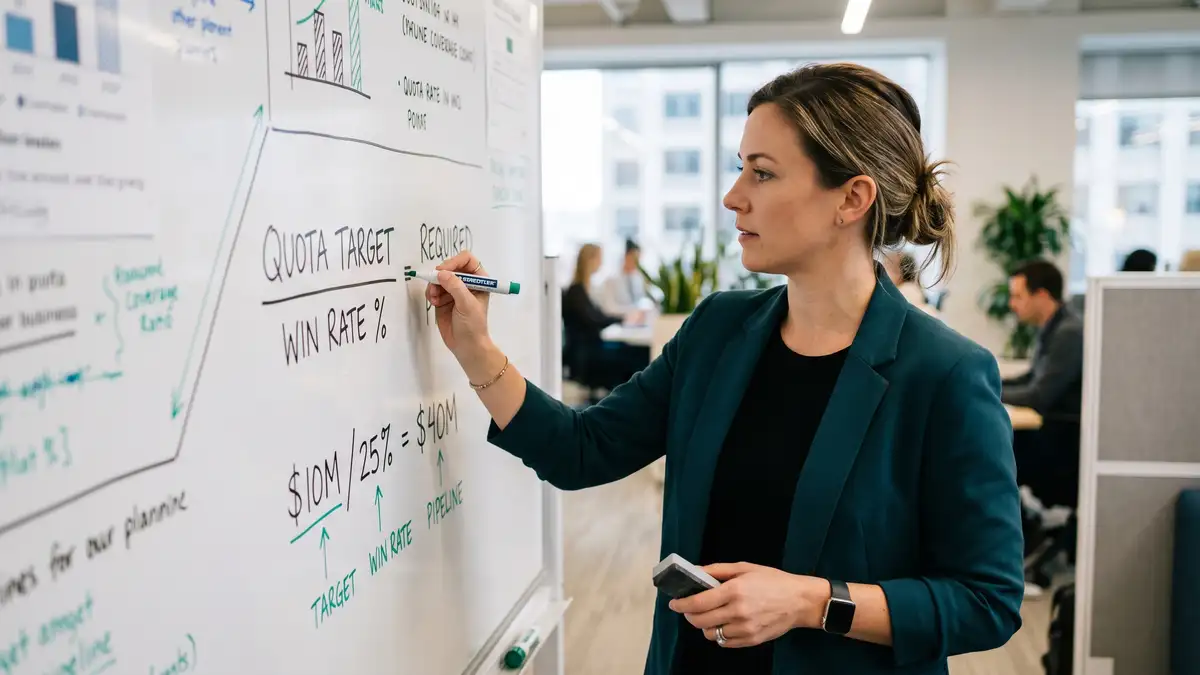 Sales operations leader sketching pipeline coverage ratio math on whiteboard