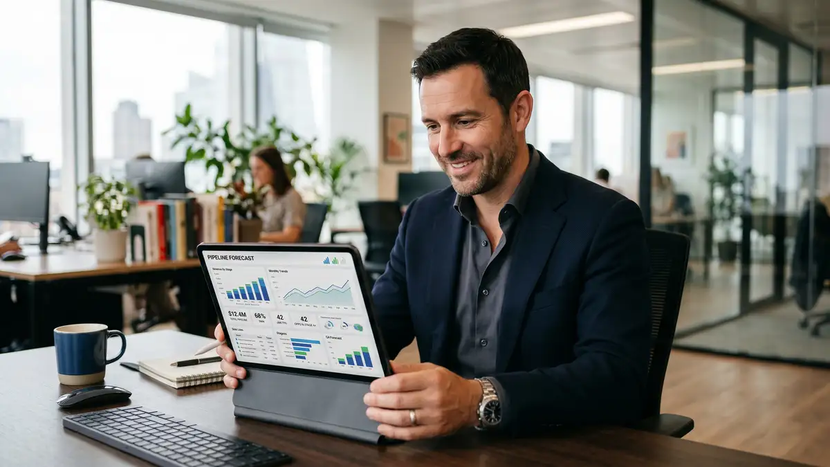 B2B SaaS sales director reviewing pipeline forecast dashboard on tablet