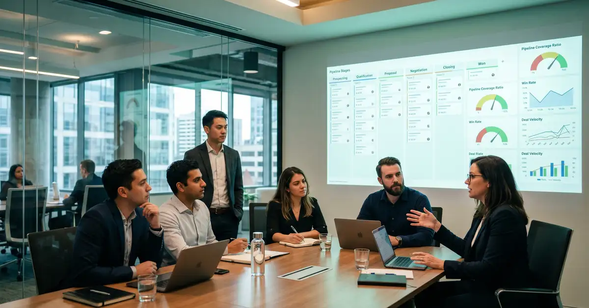 B2B SaaS sales leadership team reviewing a multi-stage sales pipeline dashboard with Kanban-style deal cards, pipeline coverage gauges, and deal-velocity charts