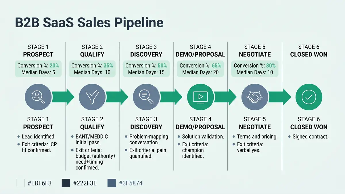 Six-stage B2B SaaS sales pipeline showing Prospect, Qualify, Discovery, Demo/Proposal, Negotiate, and Closed Won stages with conversion percentages and median days in stage