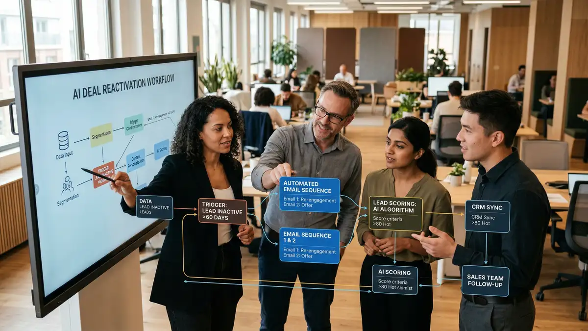 B2B sales team collaborating around a screen showing AI-powered pipeline re-engagement workflow automation