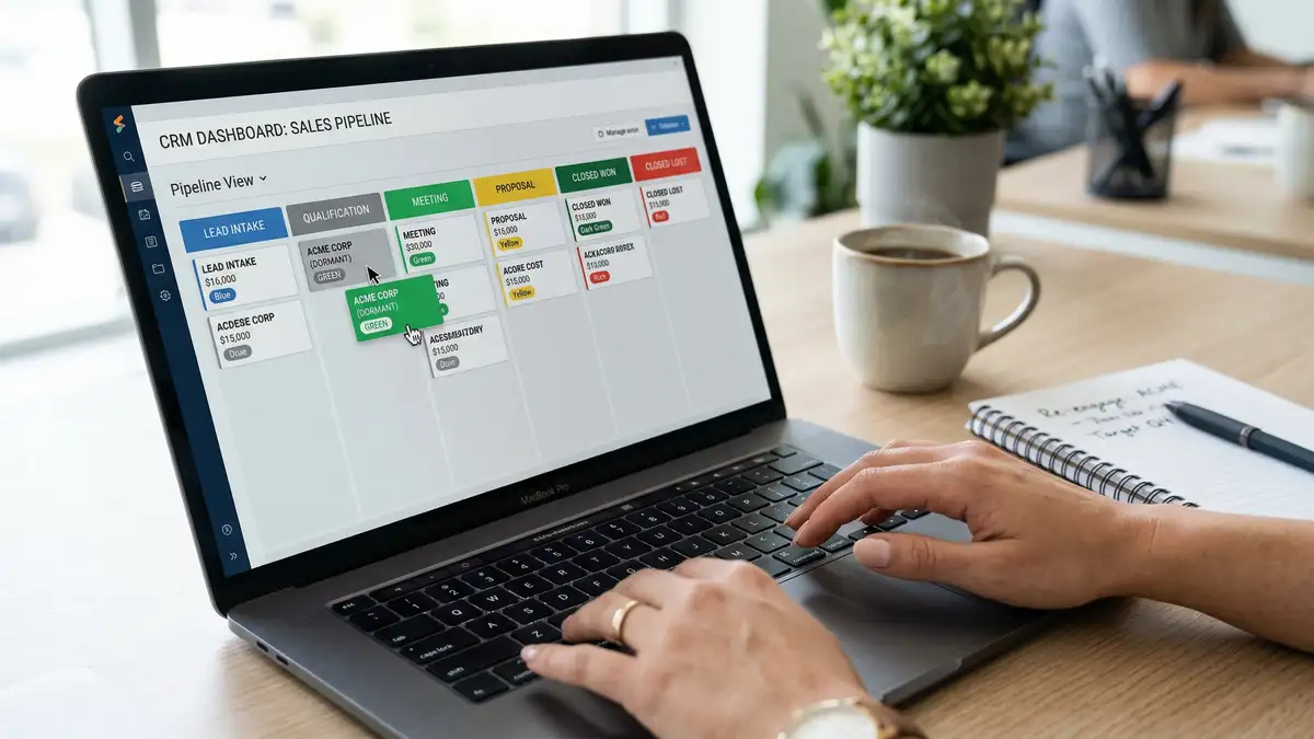 Professional reviewing CRM pipeline view showing dormant deals being reactivated through AI automation