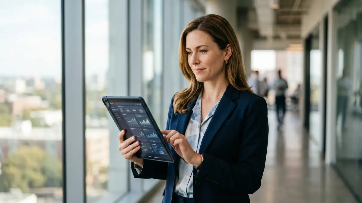 B2B sales leader analyzing pipeline re-engagement data on tablet device in modern office