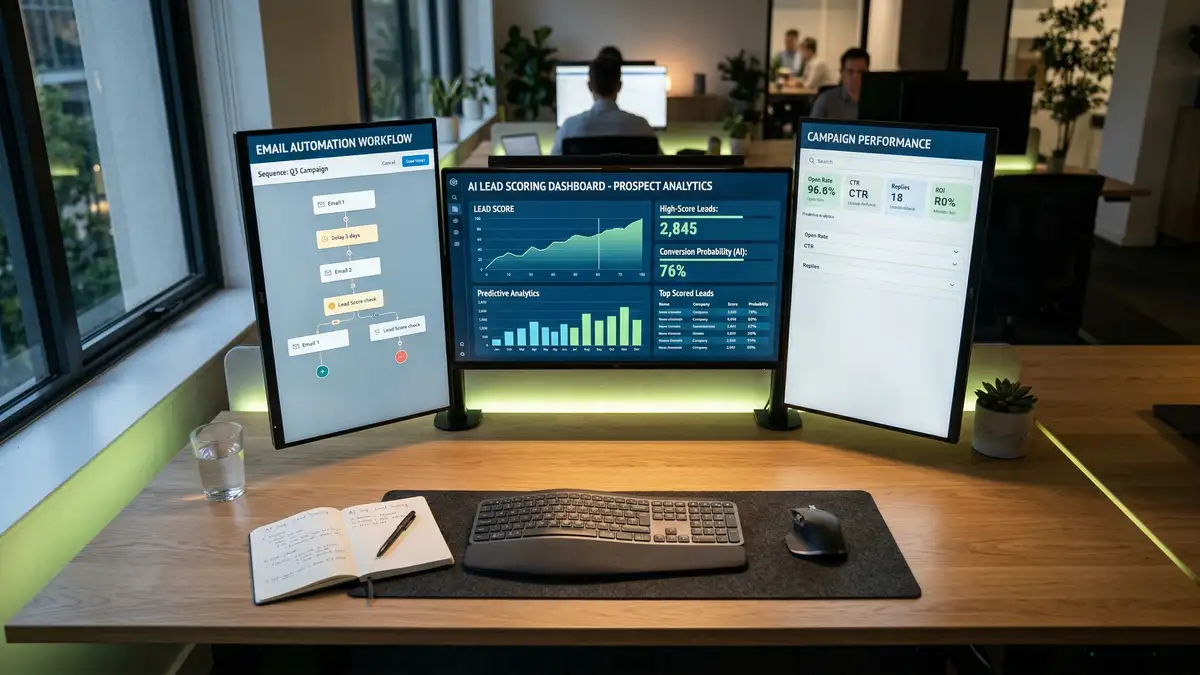 Modern office desk with multiple screens showing AI automation tools for pipeline re-engagement campaigns