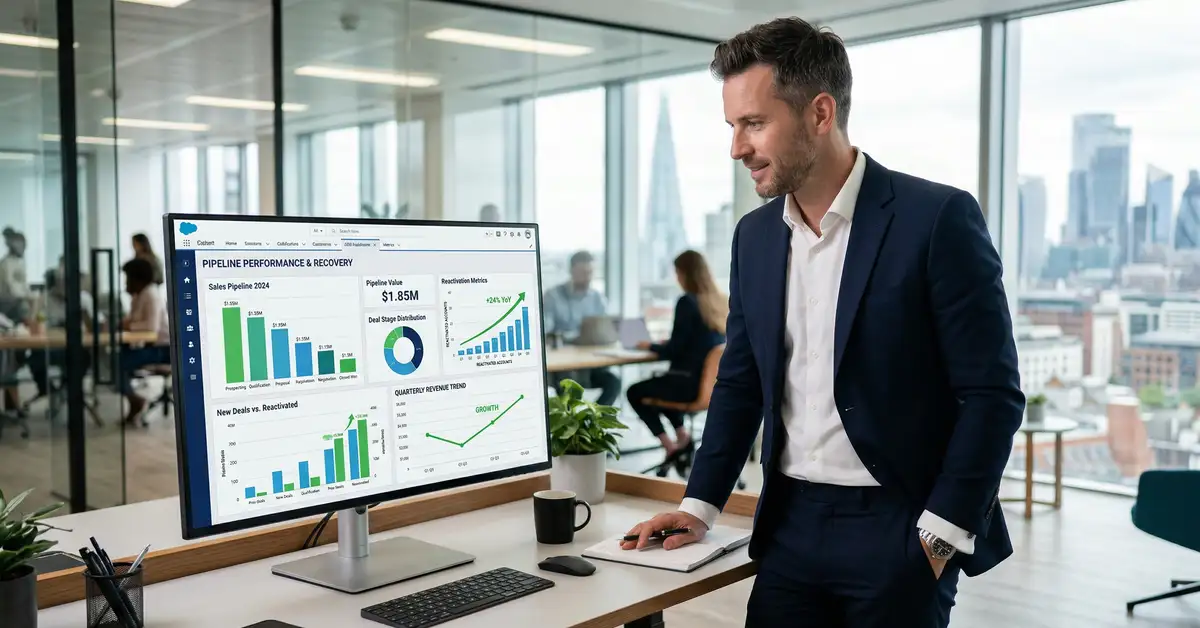 B2B sales executive reviewing CRM dashboard showing pipeline re-engagement analytics and deal reactivation metrics