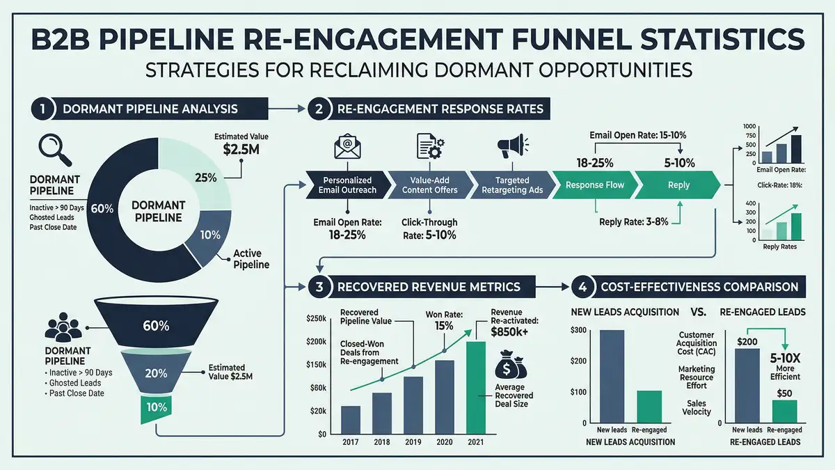 Data visualization infographic showing B2B pipeline re-engagement funnel statistics and recovered revenue metrics