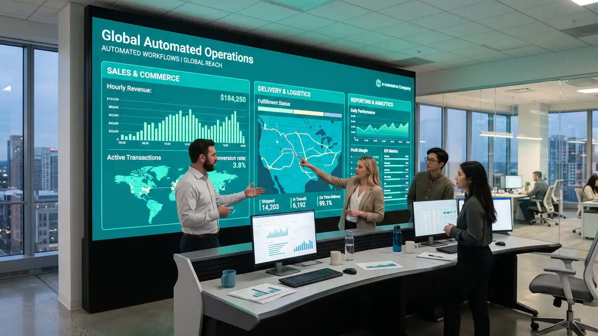 Operations command center where automated workflows handle sales, delivery, and reporting with a lean team, decoupling revenue from headcount