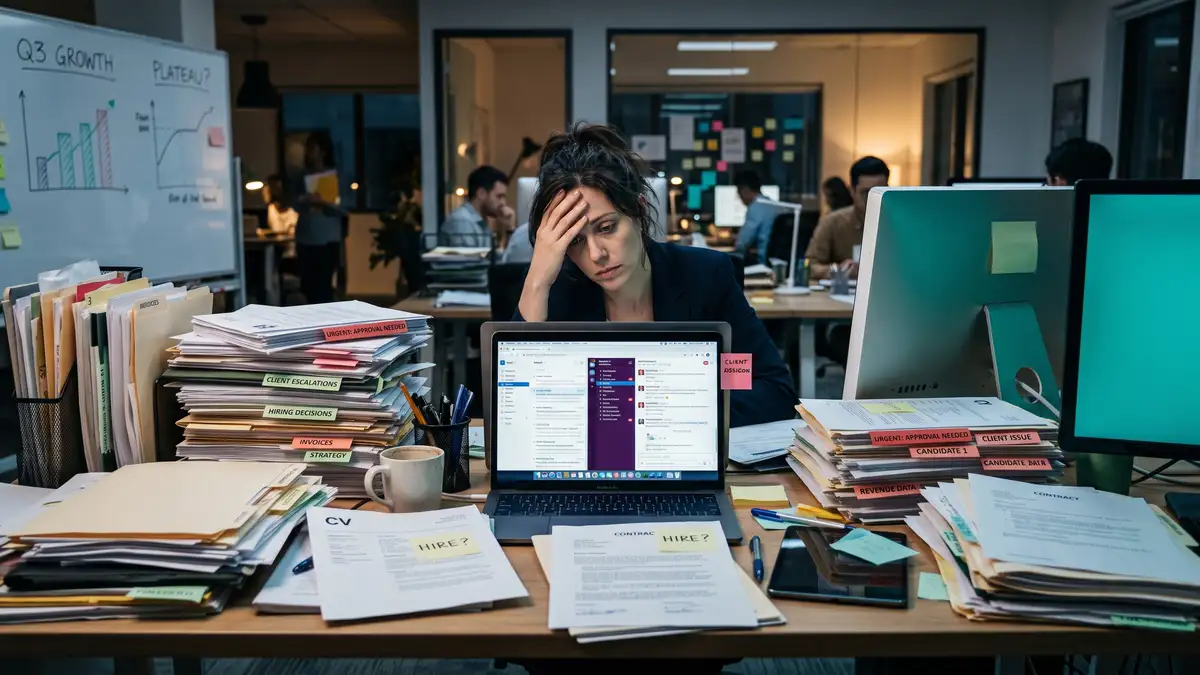 Founder acting as the bottleneck with approvals, escalations, and decisions funneling to their desk, causing a growth plateau