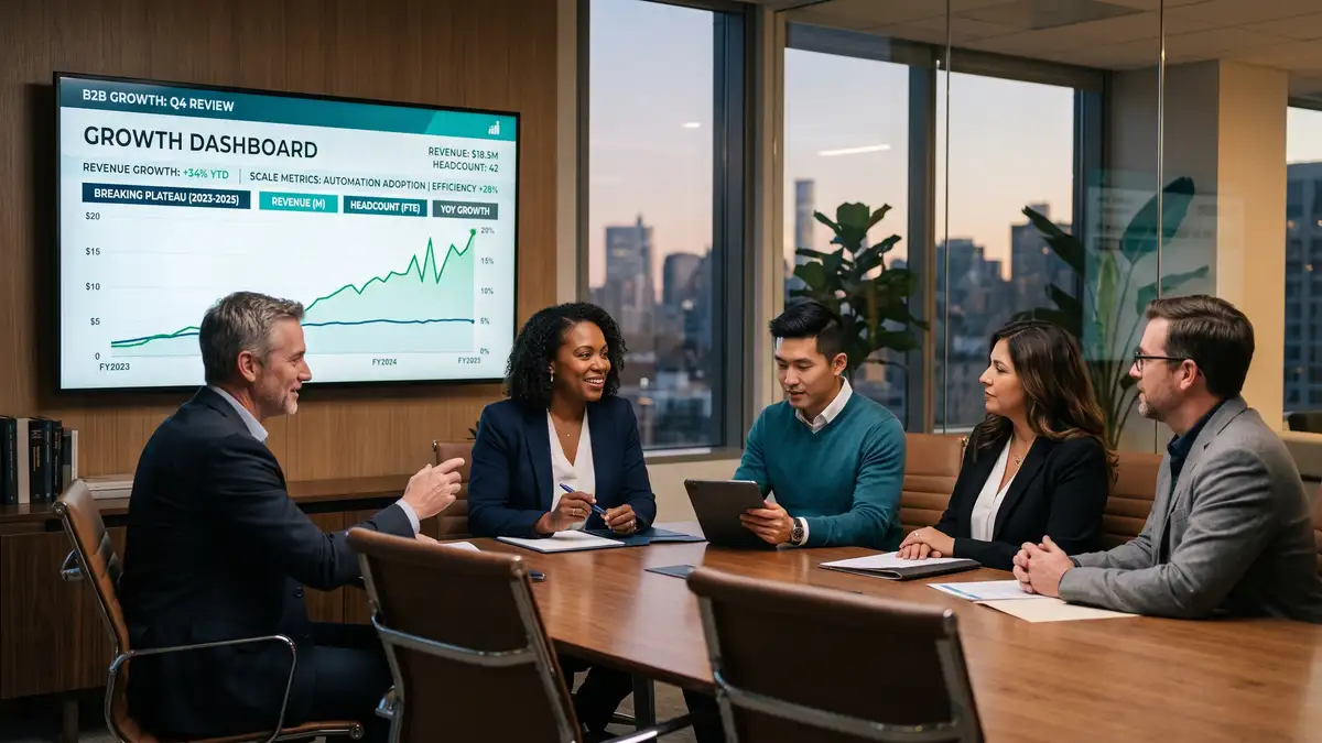 Leadership team reviewing an upward-trending growth dashboard after breaking through a revenue plateau with systems instead of headcount