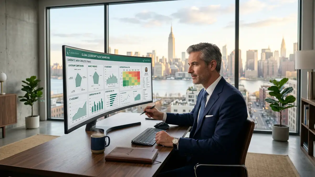 Executive search consultant in tailored navy suit analysing candidate dashboard on curved monitor with talent intelligence graphs