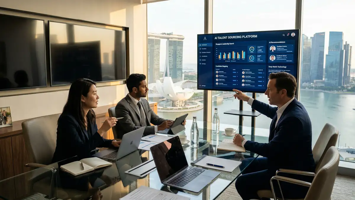 Small elite executive search team collaborating with AI sourcing software on wall-mounted screens in a premium boutique firm setting