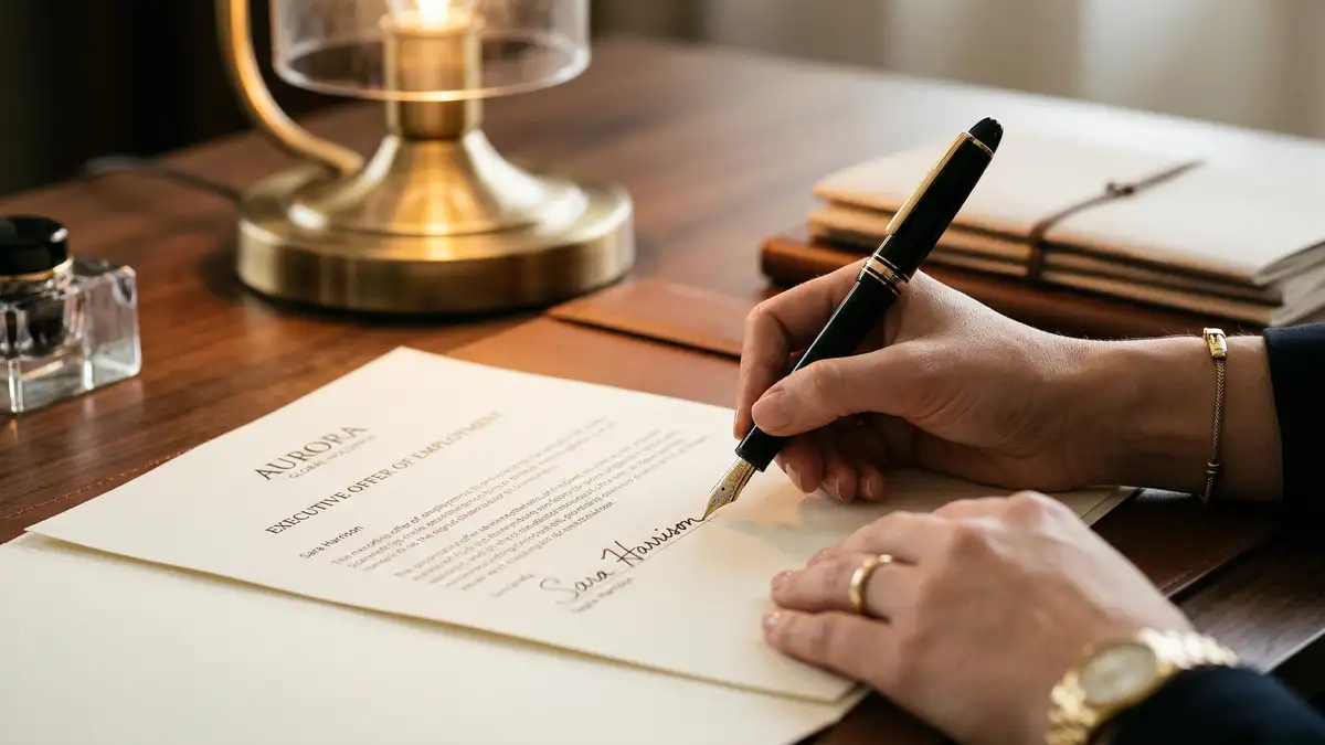 Elegant hand signing executive offer letter with premium fountain pen representing successful placement outcome
