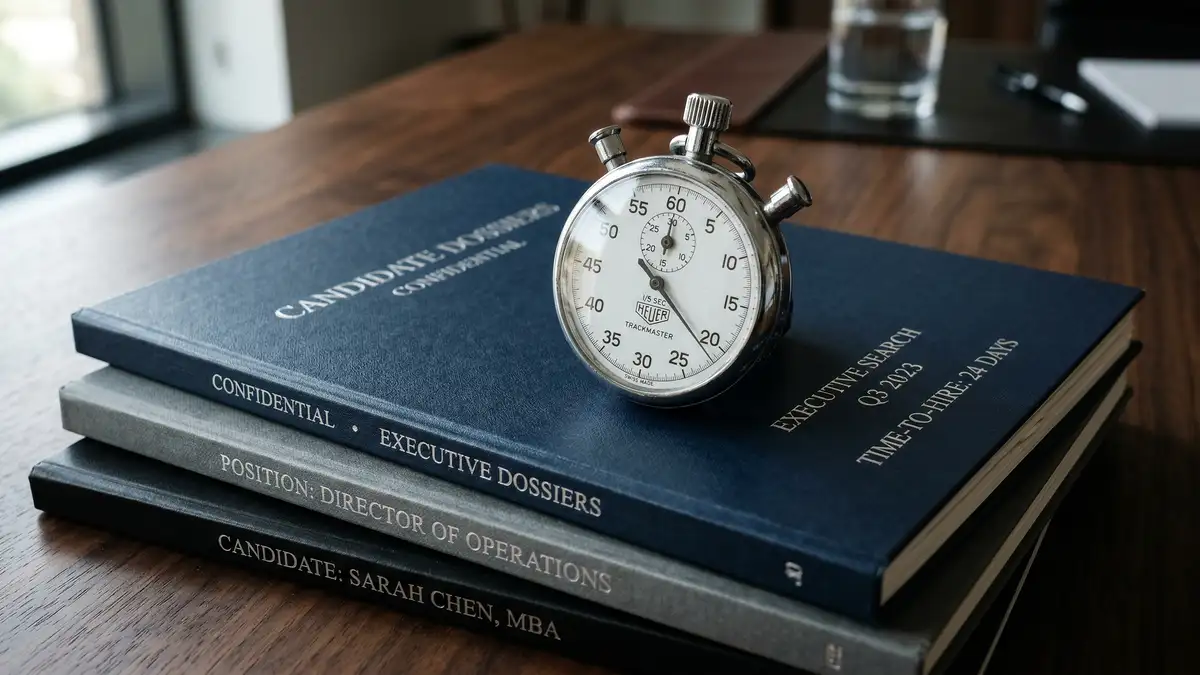 Vintage silver stopwatch resting on executive candidate dossiers symbolising time-to-placement velocity in executive search