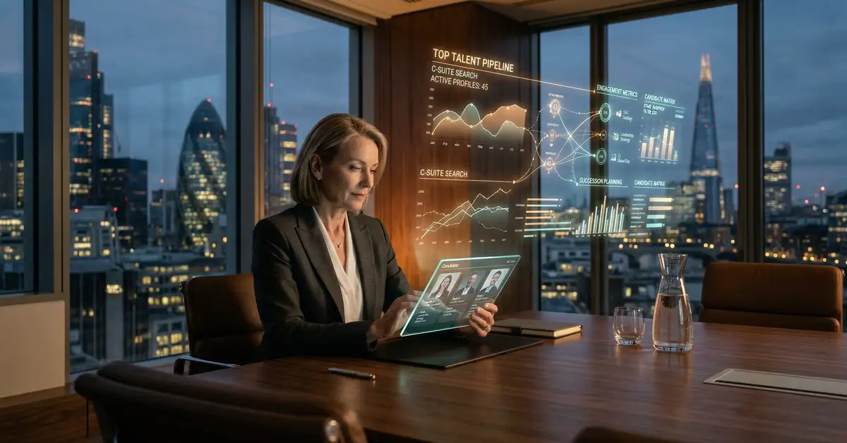 Elegant executive search boardroom at dusk with holographic talent pipeline visualizations and consultant reviewing candidate profiles on glass tablet