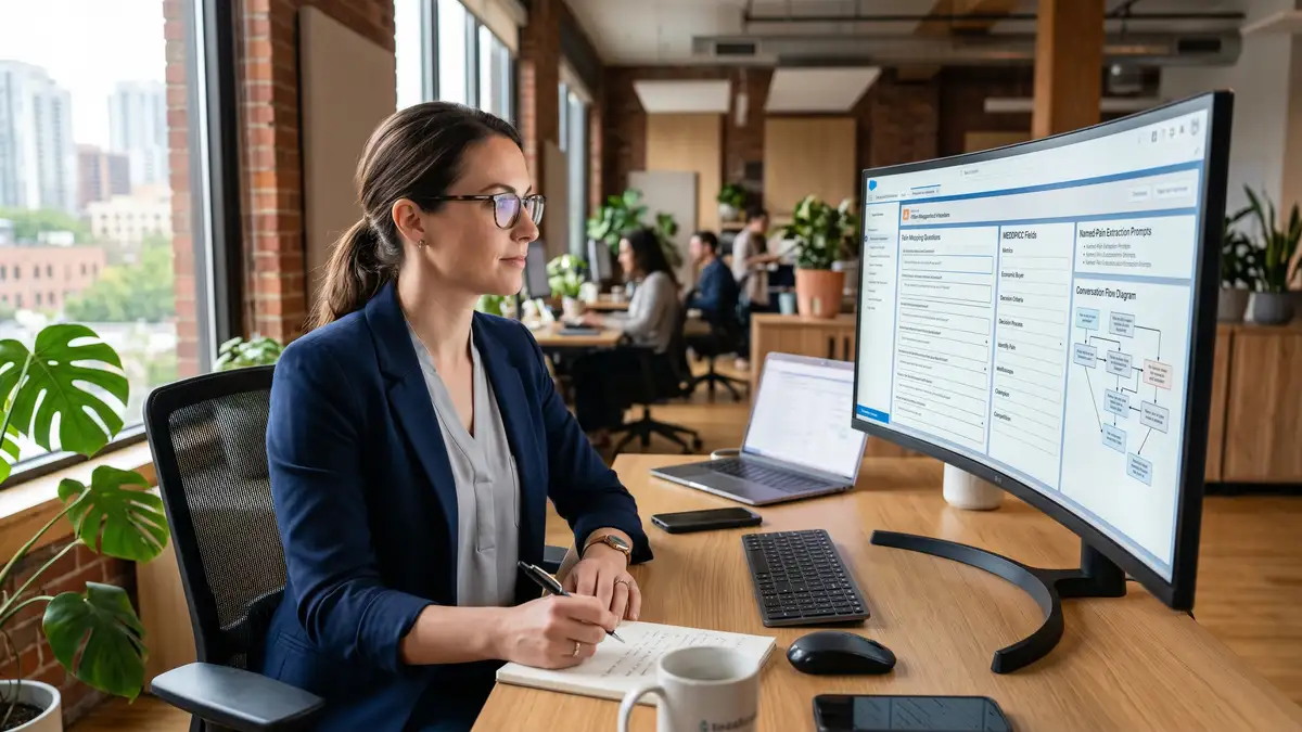 Sales enablement manager building a discovery call template on a large monitor with pain-mapping questions and MEDDPICC fields