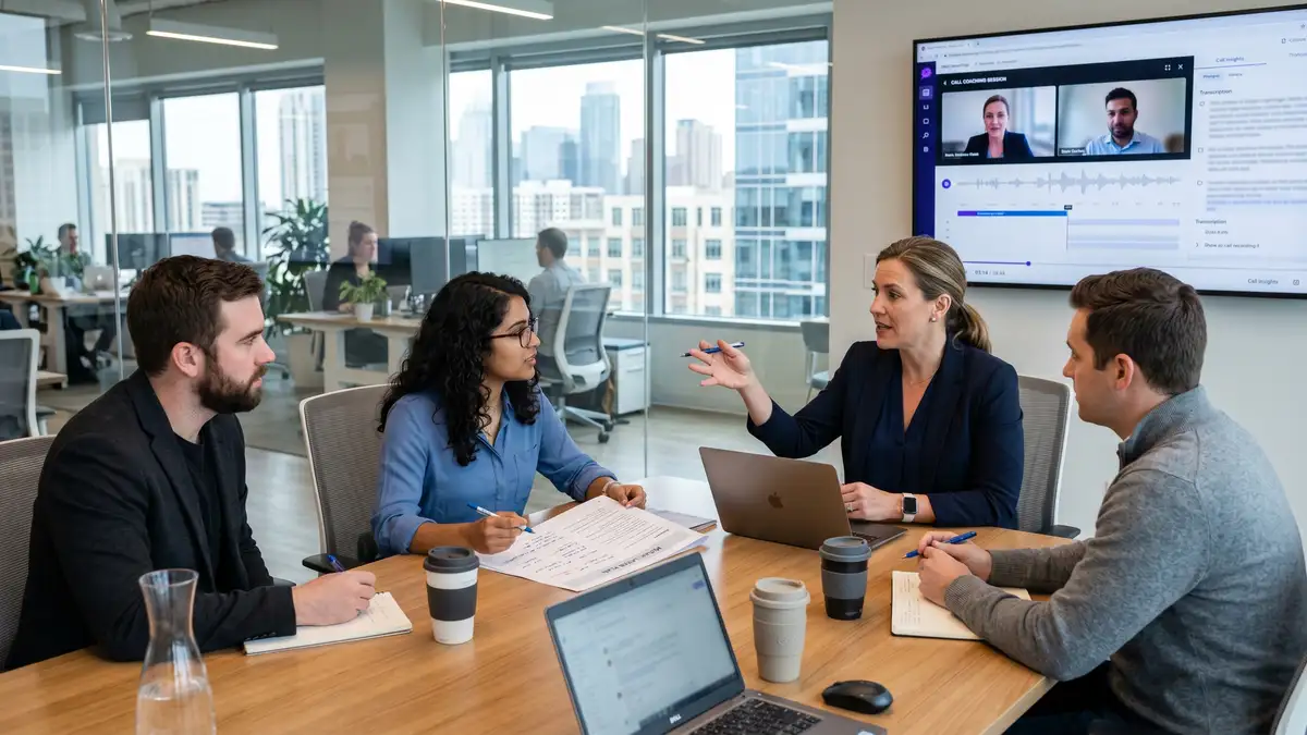 VP of Sales coaching three AEs in glass-walled meeting room reviewing call recording on wall screen