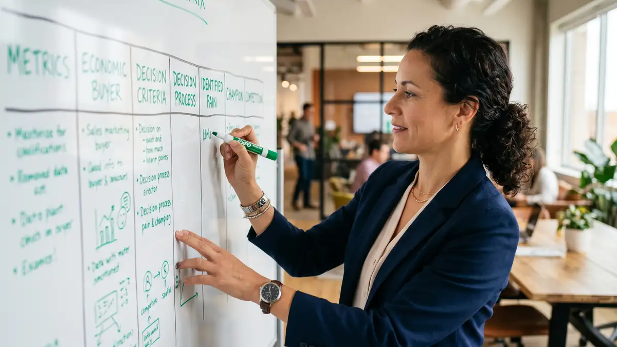Sales enablement leader sketching MEDDPICC qualification matrix on whiteboard