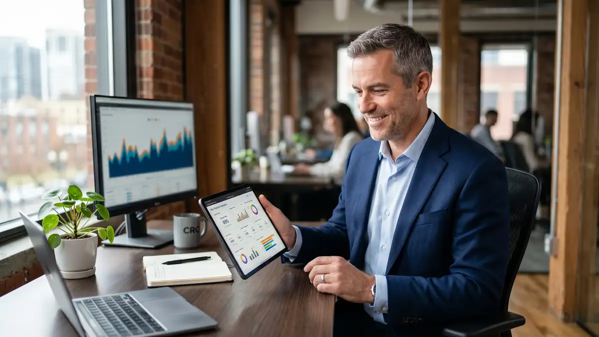 B2B SaaS Chief Revenue Officer reviewing sales playbook adoption dashboard on tablet