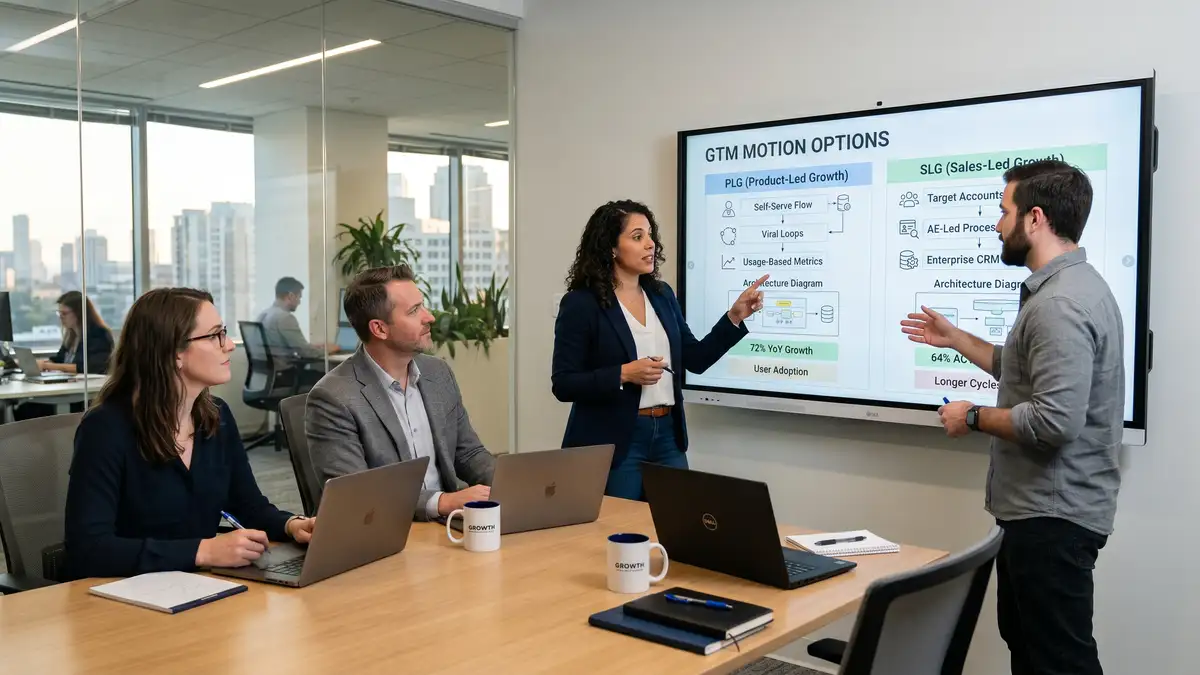 SaaS founder team strategy meeting reviewing GTM motion options