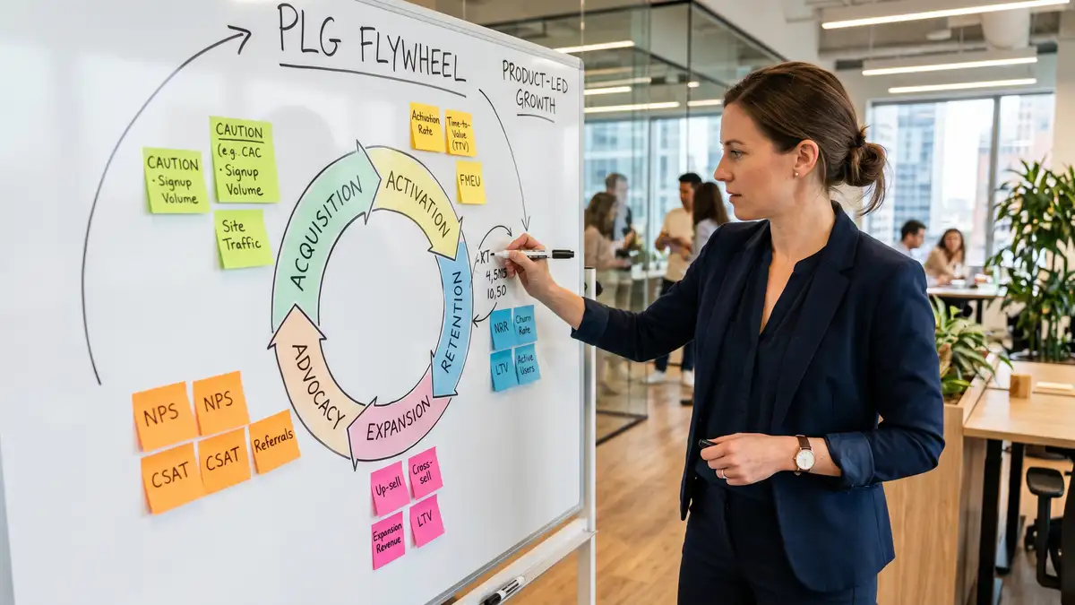Product strategist sketching PLG flywheel on whiteboard