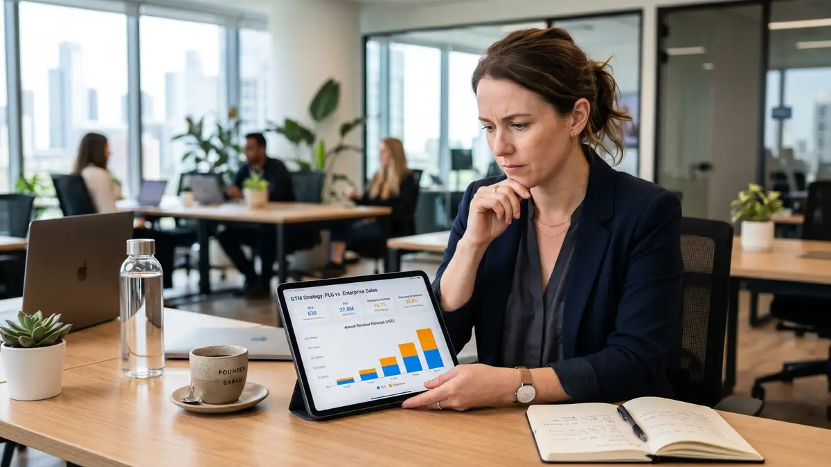 SaaS founder reviewing GTM strategy comparison on tablet