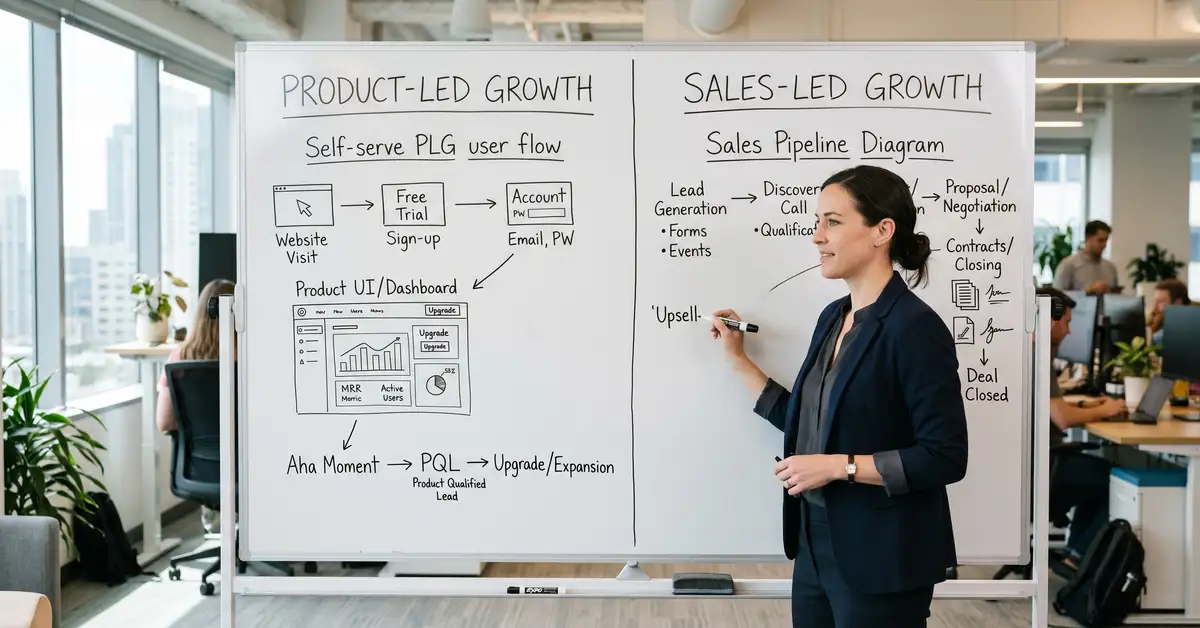 SaaS CEO at split whiteboard comparing product-led growth vs sales-led growth