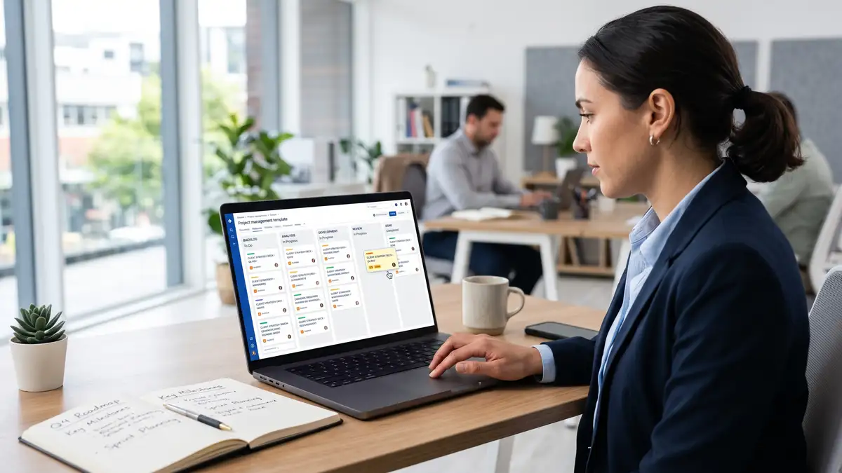 Standardized project template and kanban board on a laptop showing repeatable consulting delivery workflow across stages