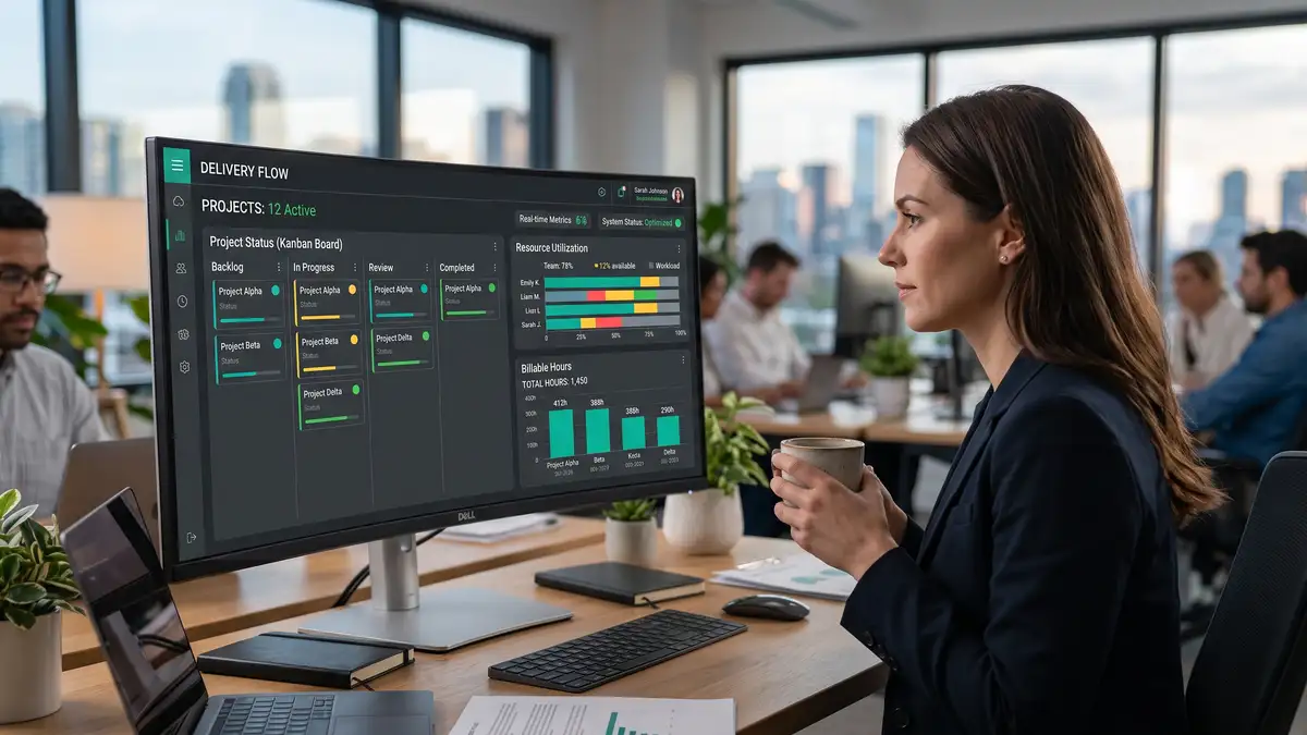 Automated professional services dashboard showing project status, resource utilization, and billable hours for a consulting firm