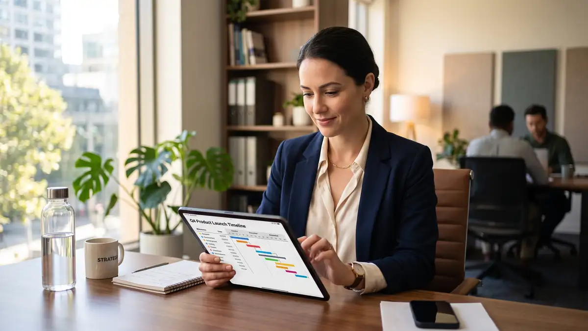 Consultant managing a client project timeline and milestones on a tablet, keeping delivery on schedule without founder involvement