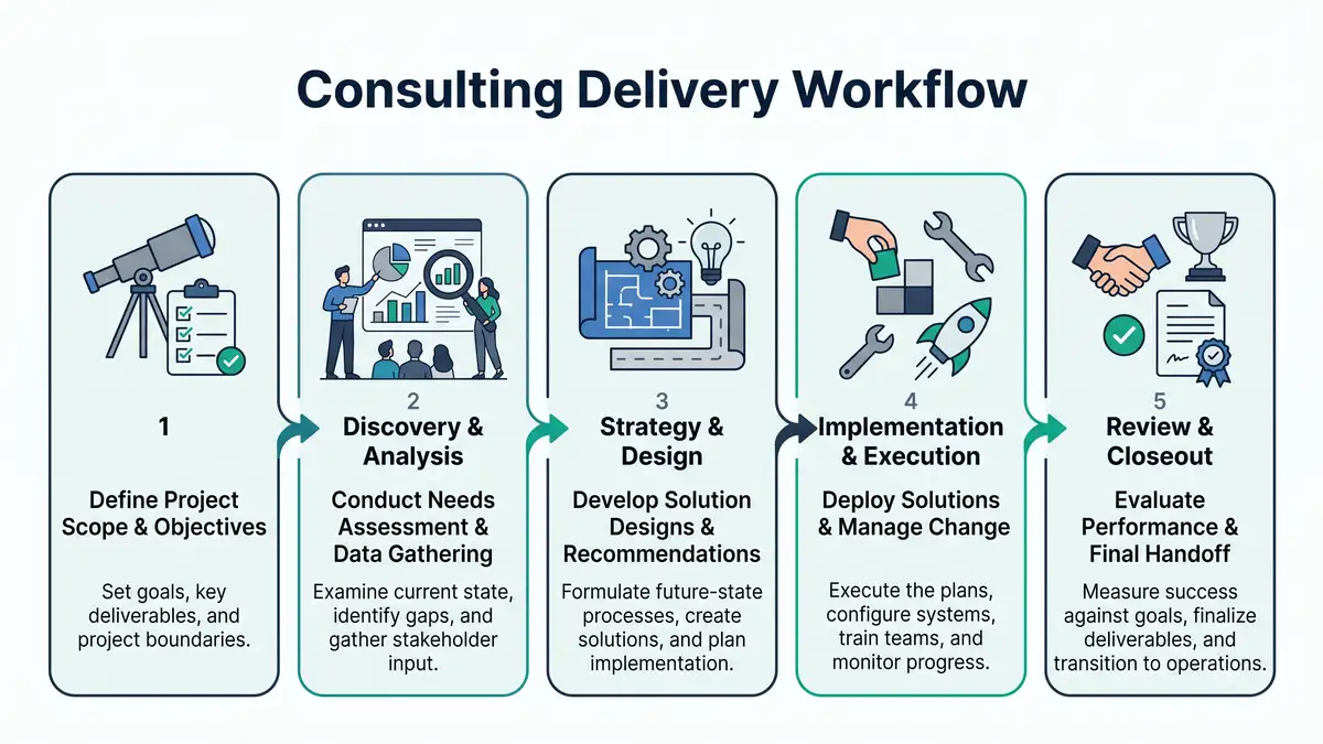 Consulting delivery workflow infographic showing five sequential stages from project scope to closeout