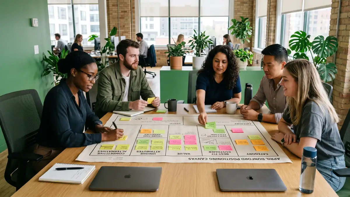 SaaS team mapping competitive positioning canvas with five Dunford components on a whiteboard