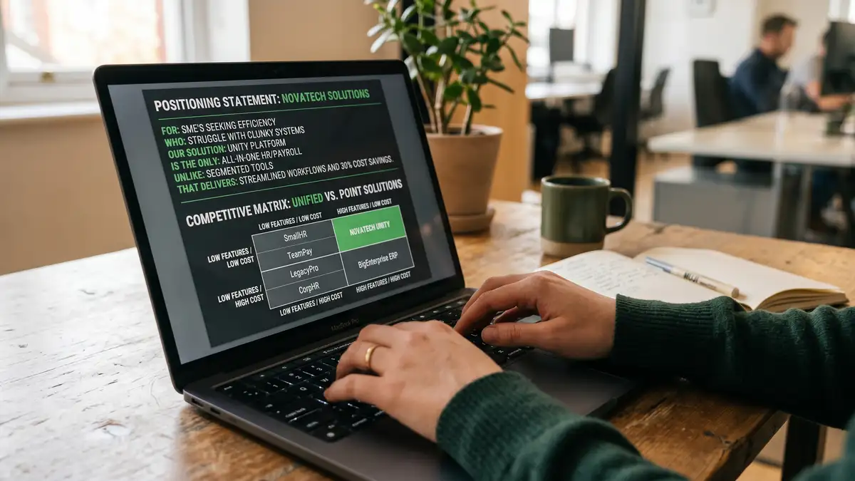 Close-up of laptop showing SaaS positioning canvas and competitive matrix with named competitor labels