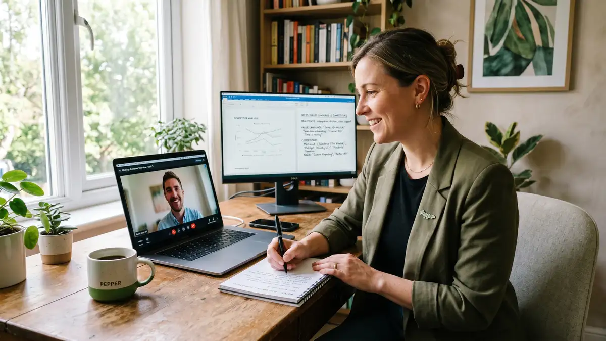 SaaS founder conducting customer interview taking notes about competitive alternatives