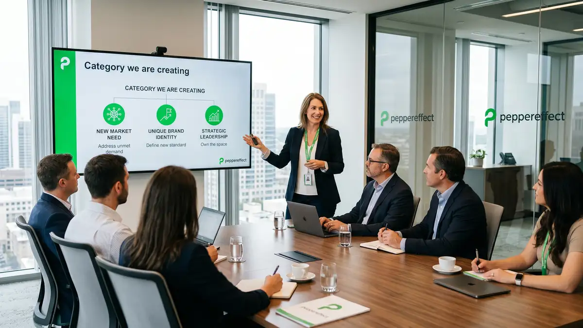 Marketing leader presenting category design strategy to SaaS leadership team in conference room