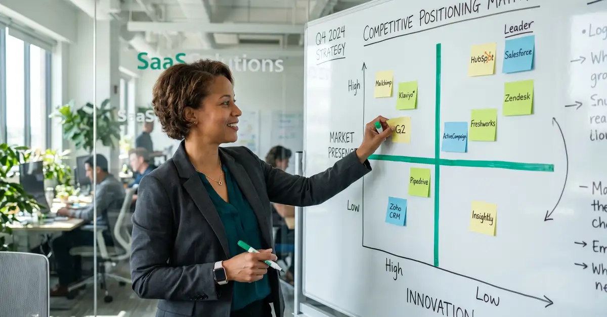 SaaS team architecting competitive positioning canvas with five components on whiteboard, peppereffect green accents