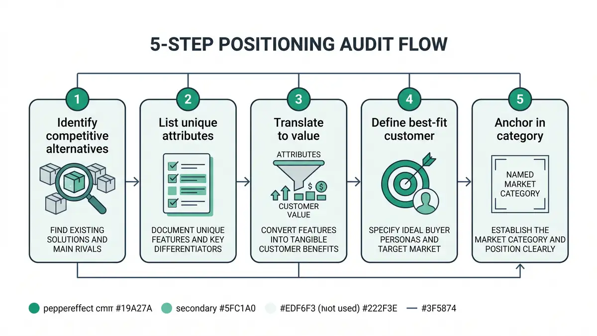 5-step SaaS positioning audit infographic showing the Dunford sequence from competitive alternatives to category