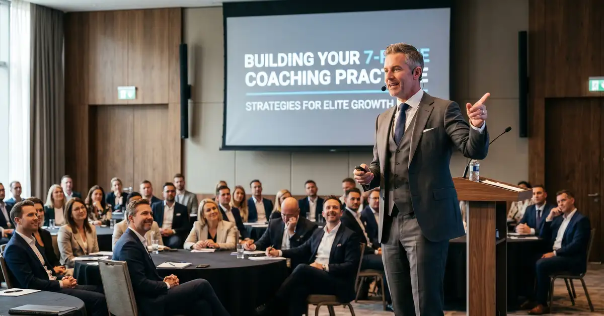 Premium coaching business founder presenting on stage to elite mastermind group of executives in luxury venue, building a 7-figure coaching practice