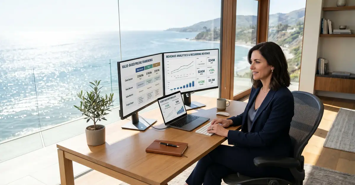 Premium consultant working from sleek modern home office overlooking ocean view with revenue analytics, recurring retainer subscriptions, and value-based pricing dashboards