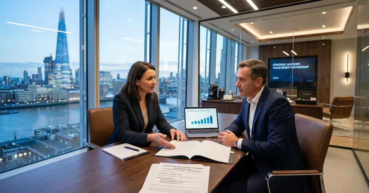 Premium consulting business model with value-based pricing engagement structure and contract documents