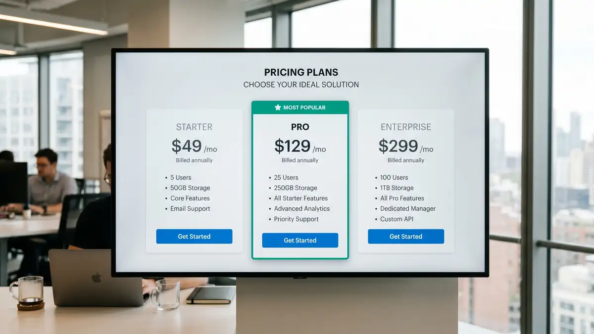 Three-tier B2B SaaS pricing card layout with the middle Pro tier visually elevated using a Most Popular badge and accent border for decoy effect
