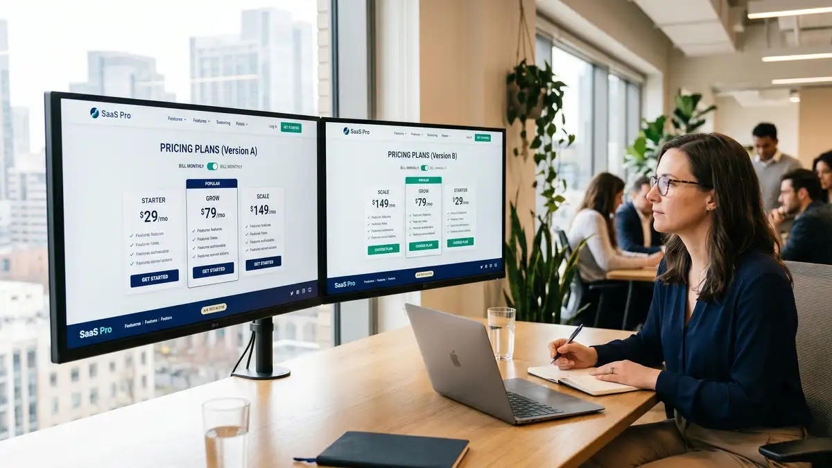 Split-screen A/B test comparison of two B2B SaaS pricing page variants showing different button text annual toggle default and plan ordering