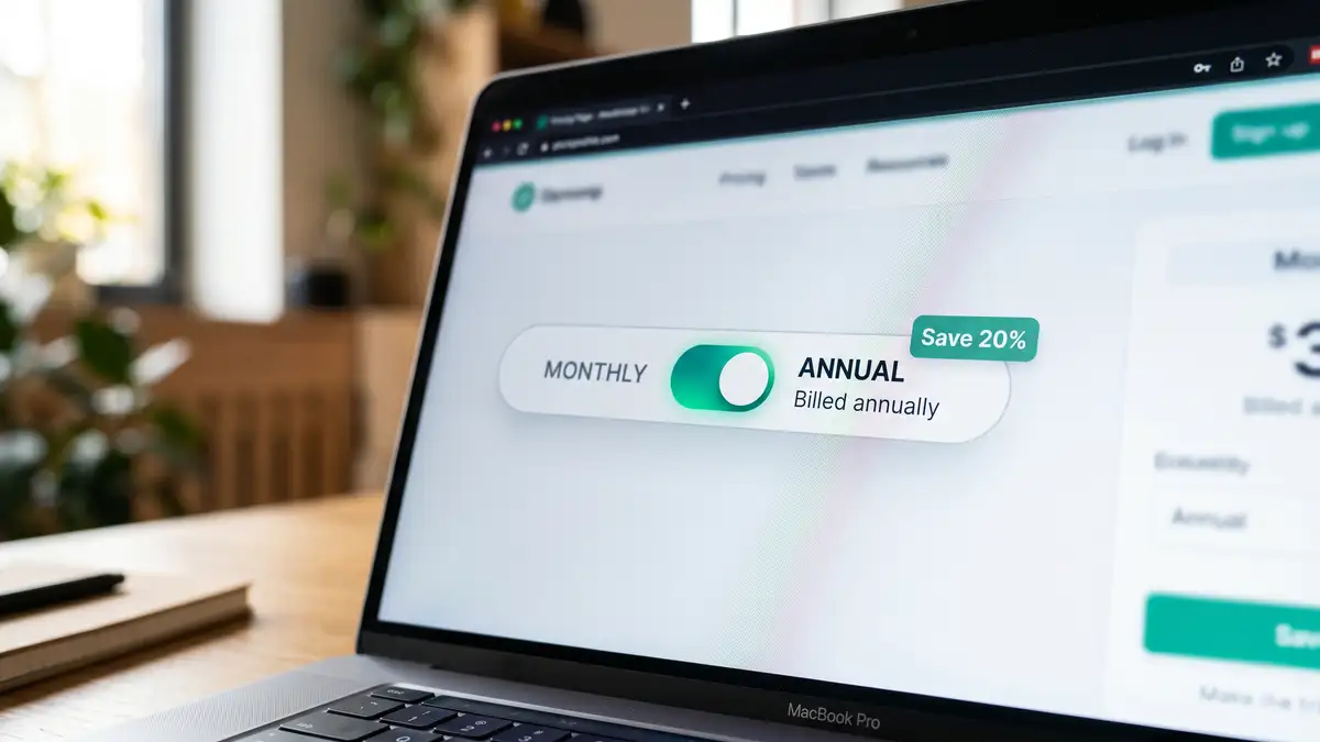 Close-up of annual monthly toggle UI element on SaaS pricing page with annual selected showing Save 20% badge in green